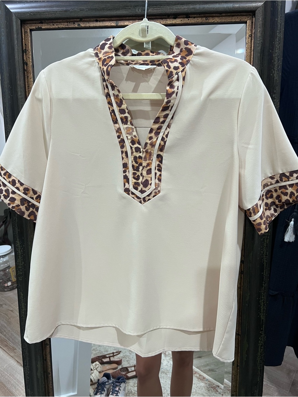 Cream Short-Sleeve Blouse with Leopard Trim